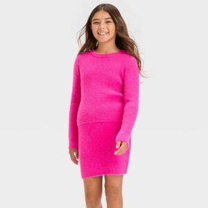 NEW! 2 Piece Set - Girls Fuzzy Ribbed Crewneck Sweater & Skirt, Pink